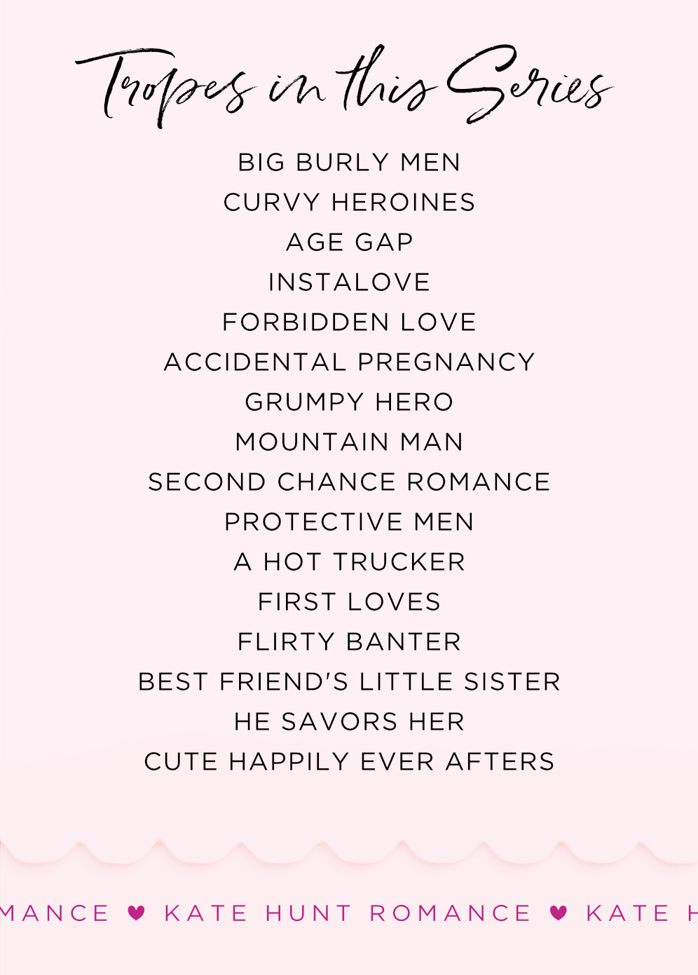 List of romance tropes featured in this bundle, including big burly men, curvy heroines, age gap, forbidden love, grumpy hero, second chance romance, and more.