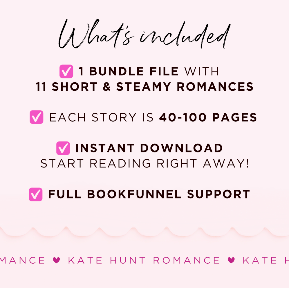 Bundle includes 11 short and steamy romances, each 40ā100 pages. Instant download with full BookFunnel support.