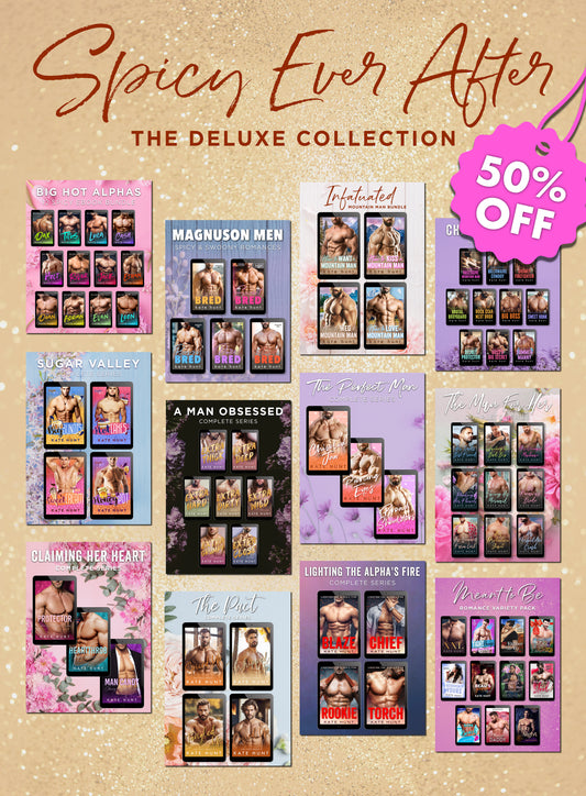 The Spicy Ever After bundle includes 12 romance bundles by Kate Hunt, each shown with the covers of the books inside and a 50% off badge displayed in the corner.