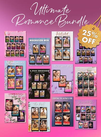 This Ultimate Romance Bundle includes 12 romance bundles by Kate Hunt, each shown with the covers of the books inside and a 25% off badge displayed in the corner.
