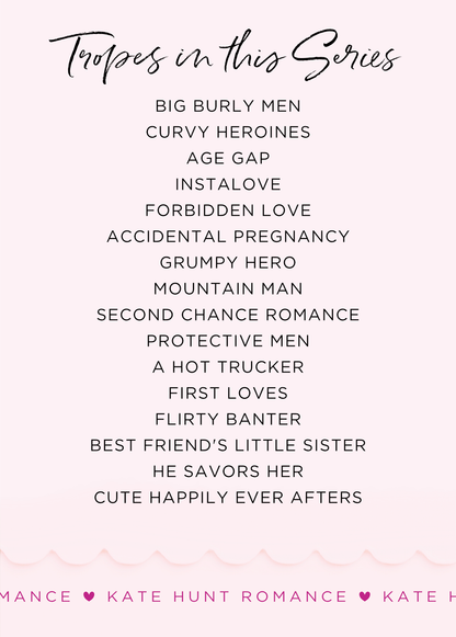 List of romance tropes featured in this bundle, including big burly men, curvy heroines, age gap, forbidden love, grumpy hero, second chance romance, and more.